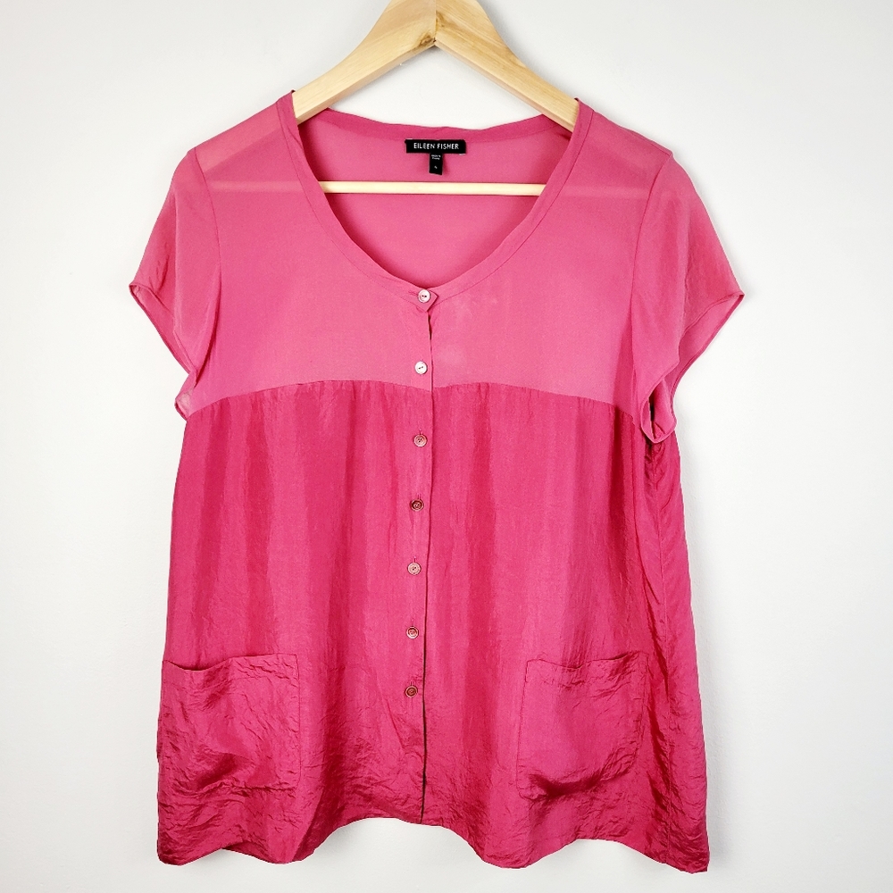 Eileen Fisher Lightweight Rose Pink Button Down Silk Blouse SZ S